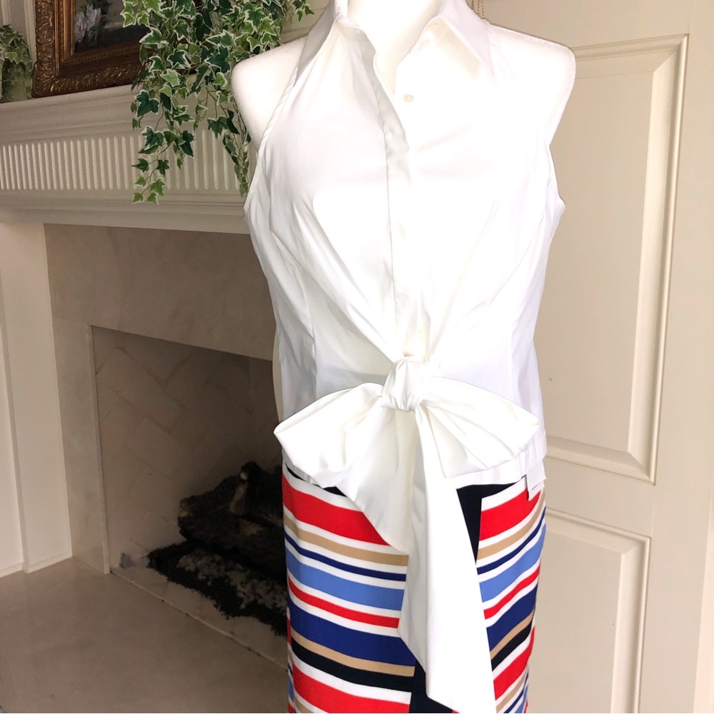 Worth Collection White Cotton Blend Sleeveless Button Bow Front Blouse Size 10